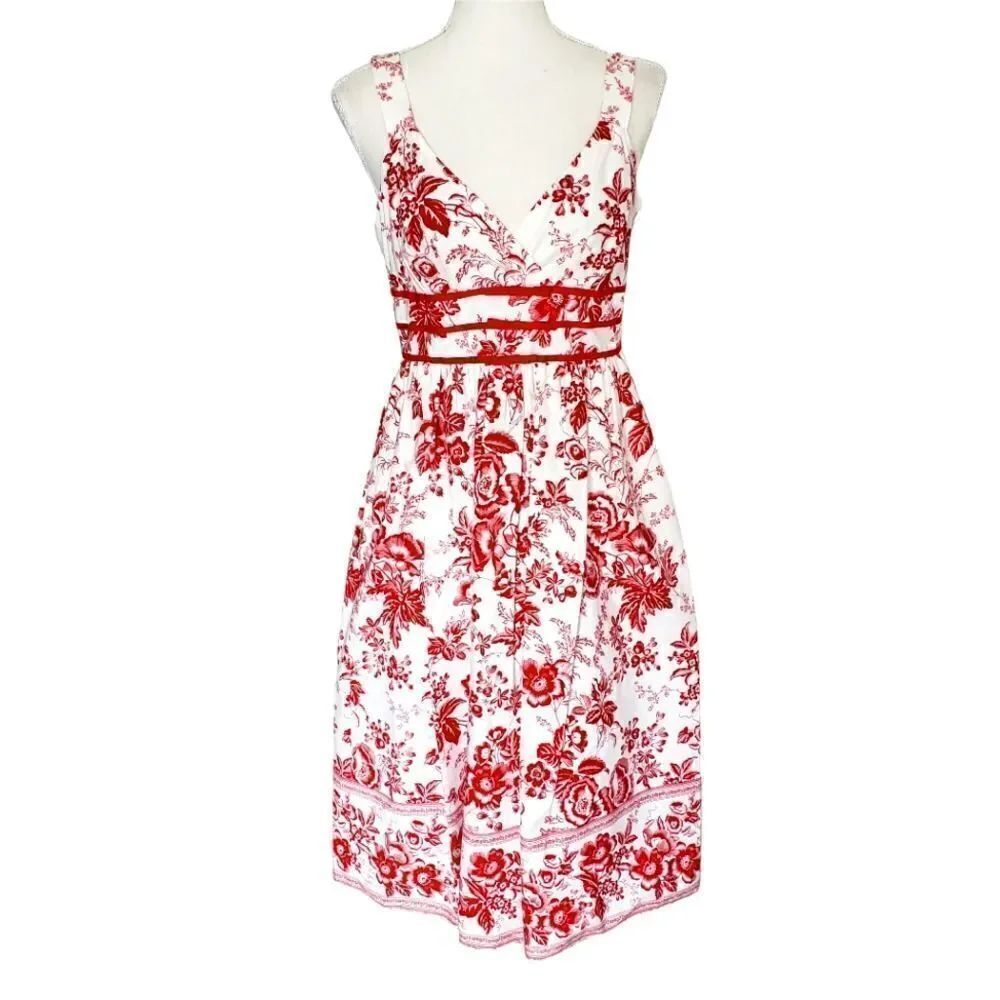 Robbie Bee White Red Floral V-Neck Fit & Flare Dress Sz 4